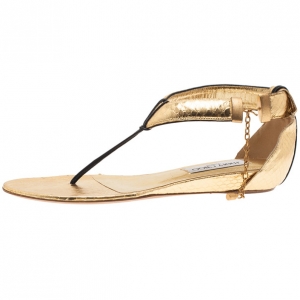 Pre Owned Jimmy Choo Gold Embossed Leather Thong Sandals Size 37