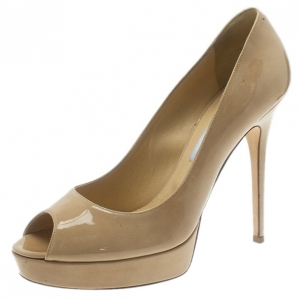 Pre Owned Jimmy Choo Nude Patent Crown Peep Toe Platform Pumps Size 42