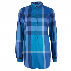 Pre Owned Burberry Blue Check Cotton Tunic Top M