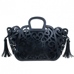 Pre Owned Ralph Lauren Black Leather Small Vachetta Scroll Tote