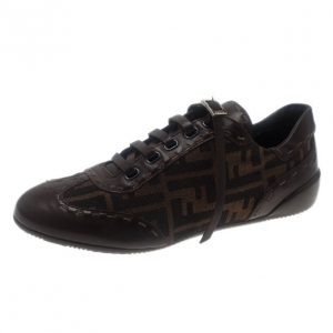Pre Owned Fendi Tobacco Zucca Canvas Leather Trim Sneakers Size 37