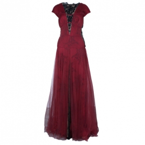 Pre Owned Tadashi Shoji Pleated Lace Red Black Gown XL