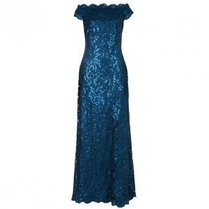 Pre Owned Tadashi Shoji Teal Sequin Gown M