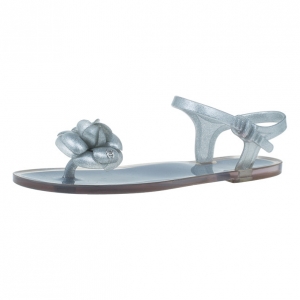 Pre Owned Chanel Silver Camellia Jelly Sandals Size 38
