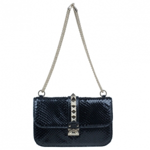 Pre Owned Valentino Black Studded Python Shoulder Bag