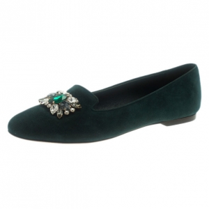 Pre Owned Dolce and Gabbana Green Suede Embellished Loafers Size 38