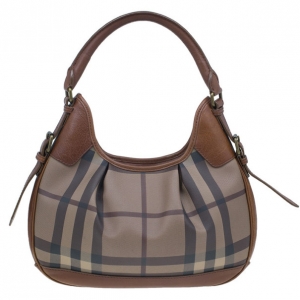 Pre Owned Burberry Embossed Smoked Check Coated Canvas Medium Brooklyn Hobo