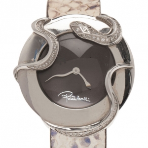 Pre Owned Roberto Cavalli Brown Stainless Steel Snake Diamonds Women's Wristwatch 33MM