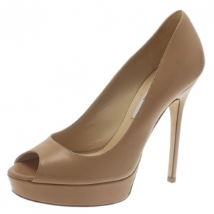 Pre Owned Jimmy Choo Beige Leather Crown Peep Toe Platform Pumps Size 37