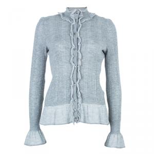 Pre Owned Chanel Gray Ruffled Cardigan M