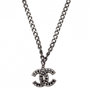Pre Owned Chanel CC Black Crystal Large Pendant Necklace