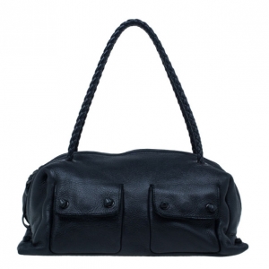 Pre Owned Bottega Veneta  Black Intrecciato Leather Boston