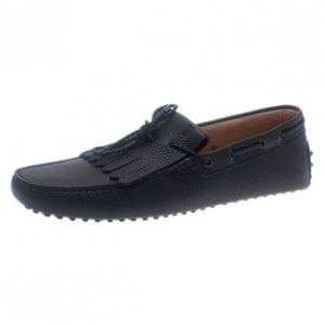 Pre Owned Tod's Navy Leather Bow Fringe Loafers Size 43.5