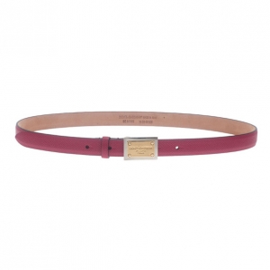 Pre Owned Dolce and Gabbana Pink Leather Logo Plaque Skinny Belt 75CM
