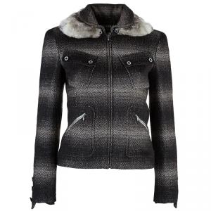 Pre Owned Chanel Wool Plaid Fur Collar Jacket M