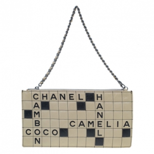 Pre Owned Chanel Tan & Black Lambskin Square Quilted Crossword Puzzle Pochette