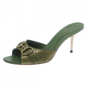 Pre Owned Gucci Green Python Horsebit Slides Size 39