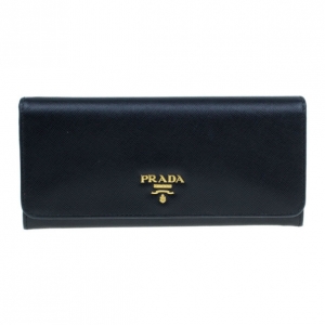 Pre Owned Prada Black Leather Long Saffiano Flap Wallet