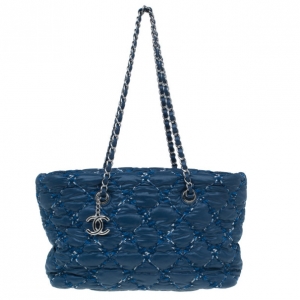 Pre Owned Chanel Blue Quilted Tweed Stitched Nylon Small Bubble Shoulder Bag