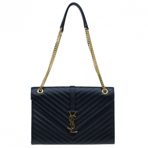 Pre Owned Saint Laurent Black Leather Large Chevron Cassandre Shoulder Bag