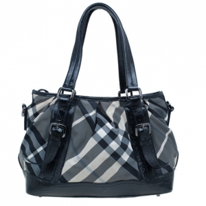 Pre Owned Burberry Black Beat Check Nylon Medium Lowry Tote