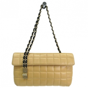 Pre Owned Chanel Beige Lambskin Chocolate Bar Single Flap Bag