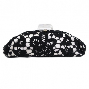 Pre Owned Chanel White and Black Lace Over Satin Clutch