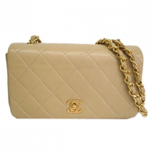 Pre Owned Chanel Beige Lambskin Single Flap Shoulder Bag