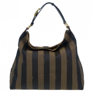 Pre Owned Fendi Brown Canvas and Leather Large Pequin Hobo