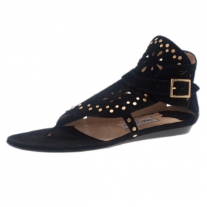 Pre Owned Jimmy Choo Black Suede Cutout Gladiator Flat Sandals Size 38.5