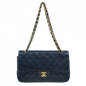 Pre Owned Chanel Black Lambskin Medium Double Flap Shoulder Bag