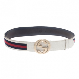 Pre Owned Gucci White Leather Web Detail Interlocking G Buckle Belt 80CM