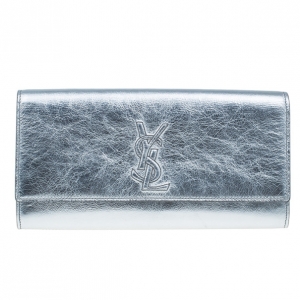 Pre Owned Saint Laurent Paris Silver Patent Leather 'Belle De Jour' Flap Clutch