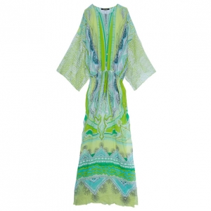 Pre Owned Roberto Cavalli Green Silk Printed Kaftan M