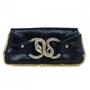 Pre Owned Roberto Cavalli Black Python Embellished Elaphe Clutch