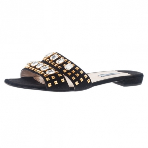 Pre Owned Prada Black Suede Jeweled Flat Slides Size 39.5