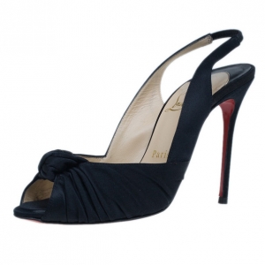 Pre Owned Christian Louboutin Black Satin Jenny Knotted Slingback Sandals Size 38.5