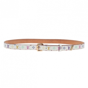 Pre Owned Louis Vuitton White Multicolor Monogram Canvas Skinny Belt 80CM