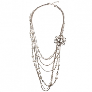 Pre Owned Chanel Multistrand Pearl Black and White Crystals Long Necklace
