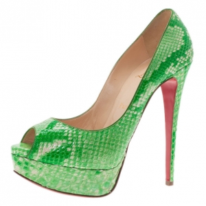 Pre Owned Christian Louboutin Green Python Lady Peep Toe Platform Pumps Size 37.5