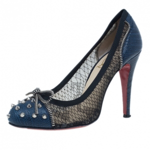 Pre Owned Christian Louboutin Blue and Black Candy Spiked Pumps Size 37