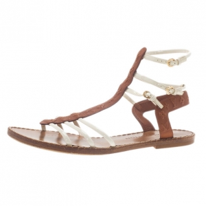 Pre Owned Louis Vuitton White and Brown Leather Key West Sandals Size 39