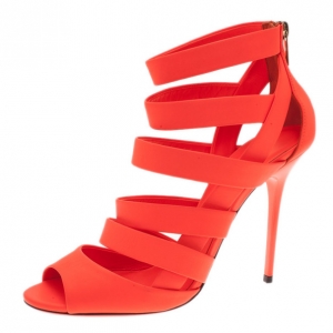 Pre Owned Jimmy Choo Neon Orange Caged Leather 'Dame' Sandals Size 39.5