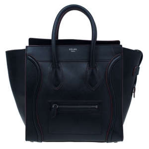 Pre Owned Celine Black and Red Trim Leather Mini Luggage Tote