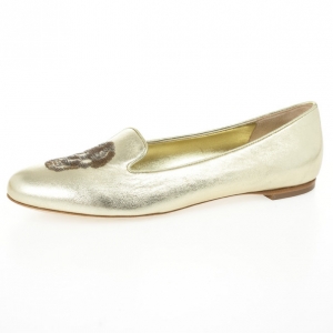 Pre Owned Alexander McQueen Gold Metallic Leather Skull Smoking Slippers Size 37.5 