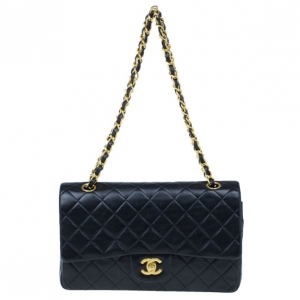 Pre Owned Chanel Black Lambskin Medium Double Flap Shoulder Bag