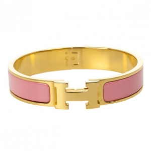 Pre Owned Hermes Clic-Clac H Pink Enamel Gold Plated Bracelet PM