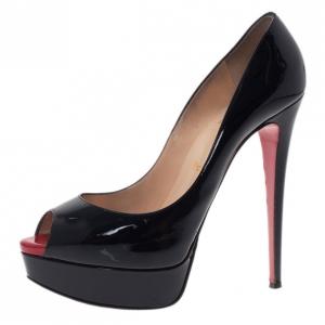Christian Louboutin Black Patent Lady Peep Toe Platform Pumps Size 38.5
