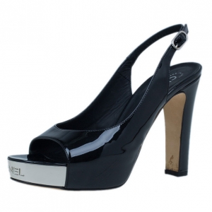 Pre Owned Chanel Black Patent Open Toe Slingback Sandals Size 38