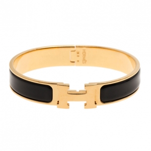 Pre Owned Hermes Clic Clac H Black Enameled Gold-Plated Bracelet PM